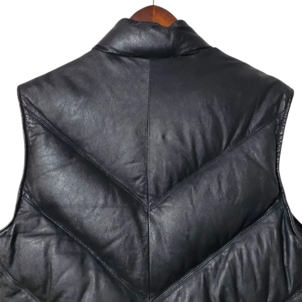 Goose Country Bomber Vest Size 44 Full Zip Down Feathers Leather Black Mens